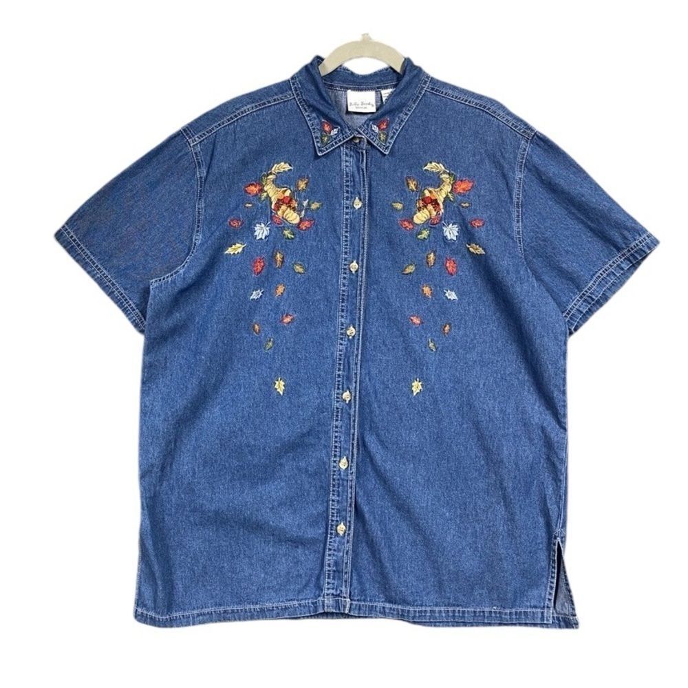 Bobbie Brooks Fall Embroidered Denim Blouse Womens Size 14W 16W  Short Sleeve